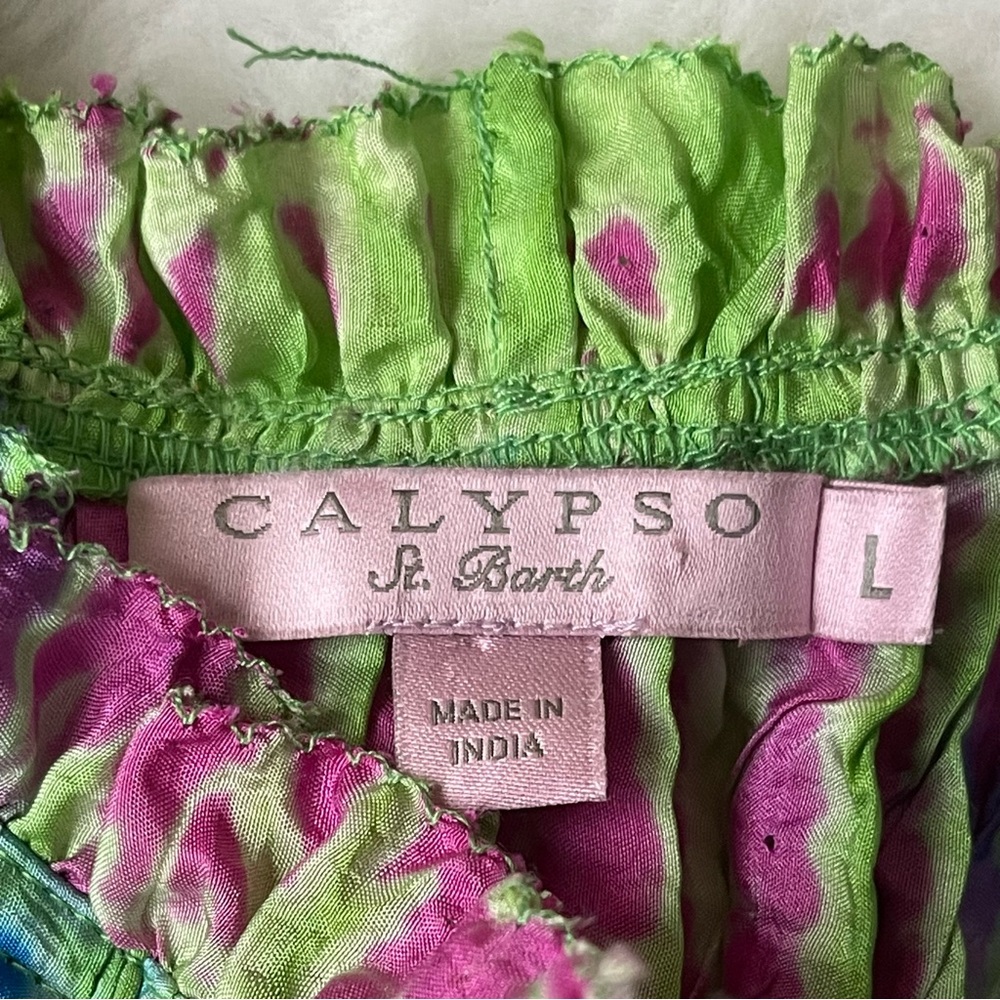 CALYPSO ST BARTH  100% Silk Pleated Maxi Dress Tie Dye Boho Blue Pink Green L - Picture 10 of 15